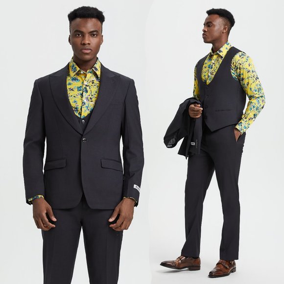 Stacy Adams Solid 3pc Men's Suit w/ U-Neck Vest, Dark Charcoal - Picture 1 of 5